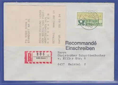 ATM 1.1 Wert 280 mit AQ aus MWZD BONN 1 auf R-Brief,  28.9.84