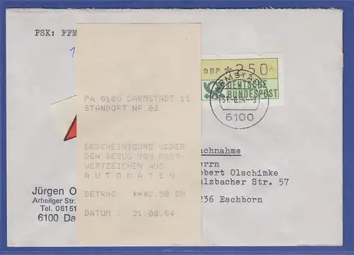 ATM 1.1 Wert 250 mit AQ aus MWZD DARMSTADT 11 auf NN-Brief, 31.8.84