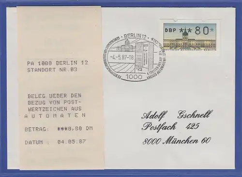 ATM Berlin Wert 80 mit ERSTTAGS-AQ aus MWZD Berlin 12 auf FDC 4.5.87