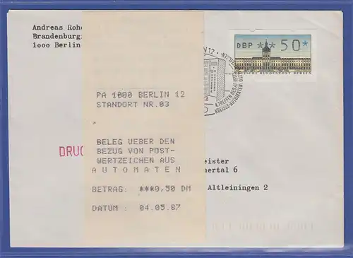 ATM Berlin Wert 50 mit ERSTTAGS-AQ aus MWZD Berlin 12 auf FDC 4.5.87
