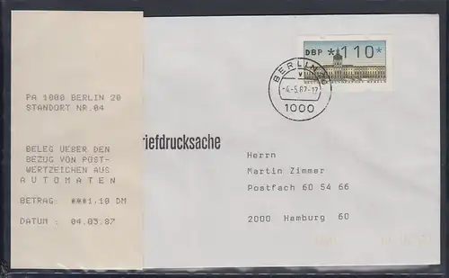 ATM Berlin Wert 110 mit ERSTTAGS-AQ aus MWZD Berlin 20 auf Briefdr.- FDC 4.5.87