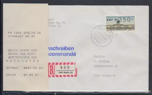 ATM Berlin Wert 110 mit ERSTTAGS-AQ aus MWZD Berlin 20 auf R-FDC 4.5.87