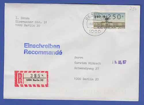 ATM Berlin 250 Pfg mit AQ aus MWZD BERLIN 30 auf R-Brief , Ersttag 6.5.87