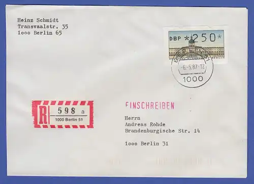 ATM Berlin 250 Pfg mit AQ aus MWZD BERLIN 41 auf R-Brief , Ersttag 6.5.87