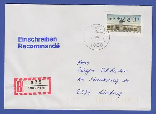 ATM Berlin 280 Pfg mit AQ aus MWZD BERLIN 51 auf R-Brief , Ersttag 6.5.87