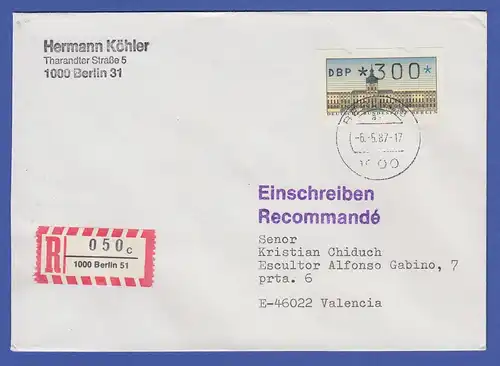 ATM Berlin 300 Pfg mit AQ aus MWZD BERLIN 51 auf R-Brief , Ersttag 6.5.87