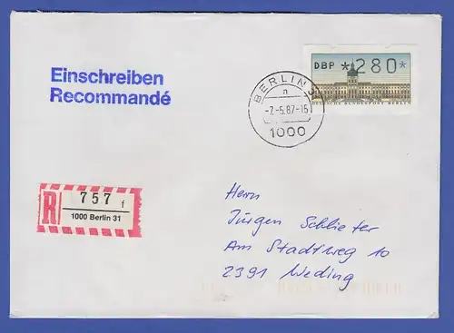 ATM Berlin 280 Pfg mit AQ aus MWZD BERLIN 31 auf R-Brief. , Ersttag 7.5.87