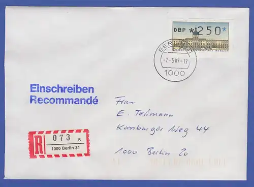 ATM Berlin 250 Pfg mit AQ aus MWZD BERLIN 31 auf R-Brief. , Ersttag 7.5.87