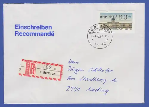 ATM Berlin 280 Pfg mit AQ aus MWZD BERLIN 33 auf R-Brief. , Ersttag 7.5.87