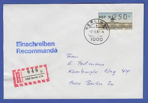 ATM Berlin 250 Pfg mit AQ aus MWZD BERLIN 510 auf R-Brief. , Ersttag 7.5.87