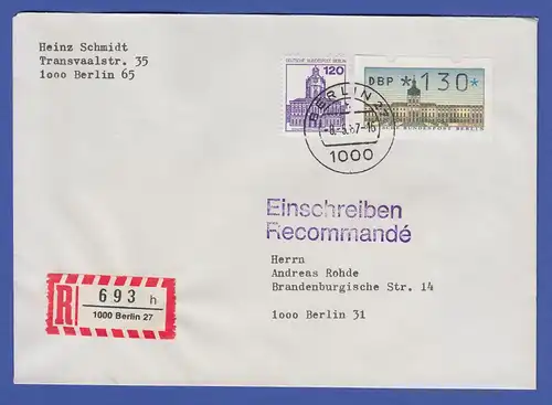 ATM Berlin 130 Pfg mit AQ aus MWZD BERLIN 27 auf R-Brief, Ersttag 8.5.87