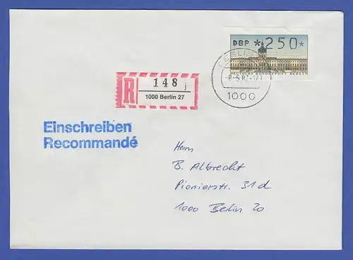 ATM Berlin 250 Pfg mit AQ aus MWZD BERLIN 27 auf R-Brief, Ersttag 8.5.87