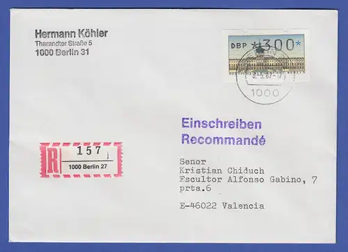 ATM Berlin 300 Pfg mit AQ aus MWZD BERLIN 27 auf Ausl.-R-Brief, Ersttag 8.5.87