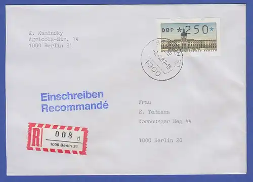 ATM Berlin 250 Pfg mit AQ aus MWZD BERLIN 21 auf R-Brief, 3.6.87