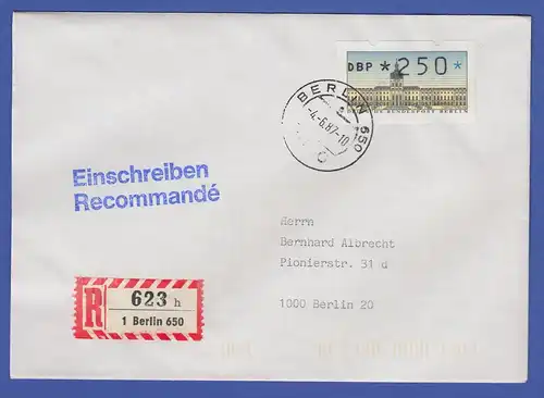 ATM Berlin 250 Pfg mit AQ aus MWZD BERLIN 650 auf R-Brief vom Ersttag, 4.6.87