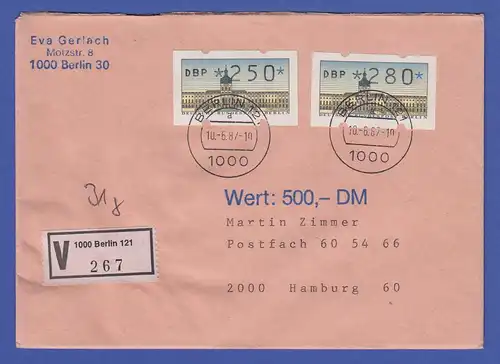 ATM Berlin 250 und 280 Pfg mit AQ aus MWZD BERLIN 121 auf V-Brief vom ET 10.6.87