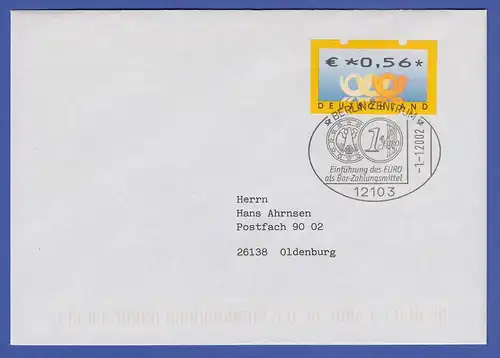 ATM Mi.-Nr. 4.1 Wert 0,56 € auf gelaufenem FDC 1.1.2002 mit Sonder-O BERLIN