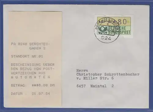 ATM 1.1 Wert 80 aus MWZD Berchtesgaden mit AQ auf Brief vom 21.7.84