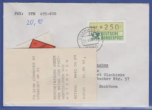 ATM 1.1 Wert 250 aus MWZD Cuxhaven mit AQ auf NN-Brief vom 21.6.84