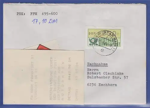 ATM 1.1 Wert 250 aus MWZD Frankfurt 11 mit AQ auf NN-Brief nach Eschborn 19.9.84