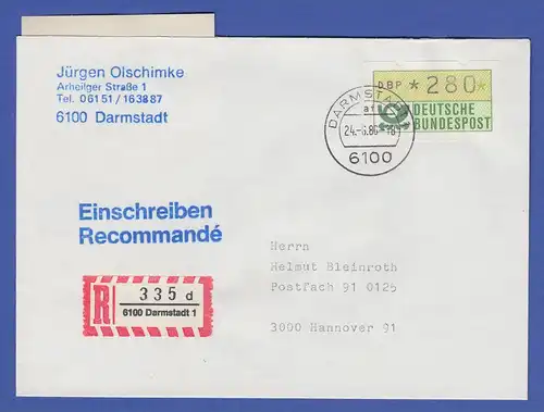 ATM 1.1 Wert 280 aus MWZD Darmstadt 1 auf R-Brief. LT alte AQ 24.6.86