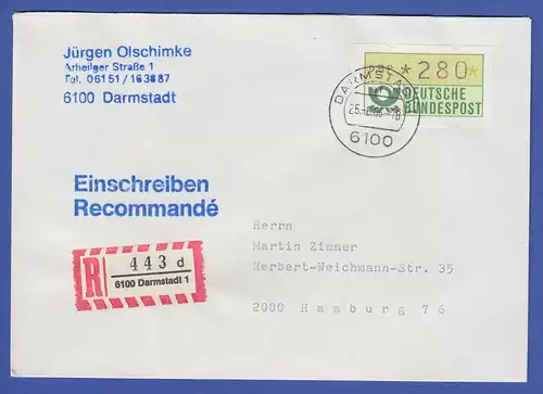 ATM 1.1 Wert 280 aus MWZD Darmstadt 1 auf R-Brief. ET neue AQ 25.6.86