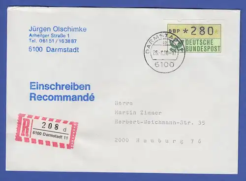ATM 1.1 Wert 280 aus MWZD Darmstadt 11 auf R-Brief. ET neue AQ 25.6.86