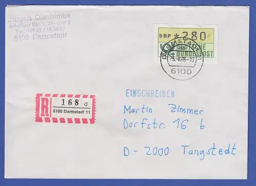 ATM 1.1 Wert 280 aus MWZD Darmstadt 11 auf R-Brief. ET neue Quittung 25.6.86