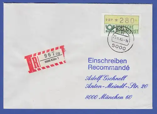 ATM 1.1 Wert 280 aus MWZD Köln 1 auf R-Brief. ET neue Quittung 25.6.86