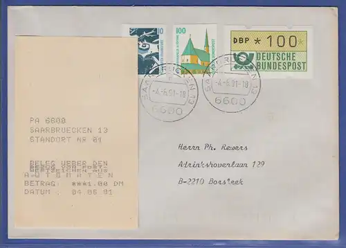ATM 1.1 iu  Fehlfarbe grünlicholiv Wert 100 mit AQ aus MWZD Saarbrücken a. Brief