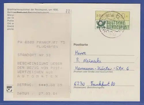 ATM 1.1 Wert 60 aus MWZD Frankfurt 75 mit AQ als EF auf Postkarte vom 27.3.84