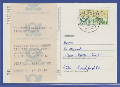 ATM 1.1 60er aus MWZD Frankfurt 11 mit rückseitiger AQ auf Postkarte vom 17.4.84