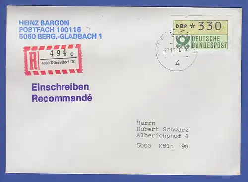 ATM 1.1 Wert 330 auf schwerem R-Brief, Ersttag SCHWZD Düsseldorf 27.11.84