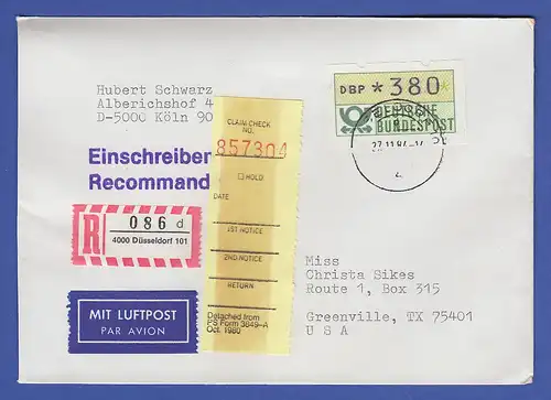 ATM 1.1 Wert 380 auf R-Brief nach Texas, Ersttag SCHWZD Düsseldorf 27.11.84