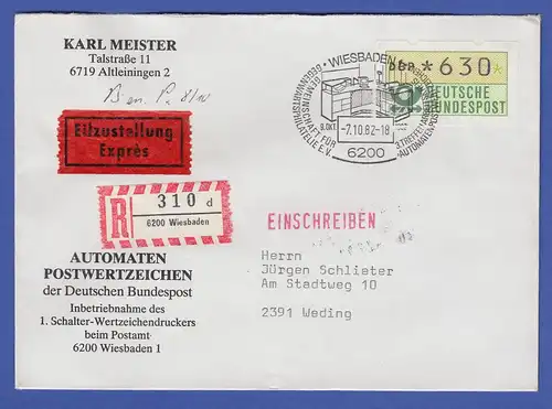 ATM 1.1 Wert 630 auf R-Express-Brief Ersttag Schalterterminal Wiesbaden 7.10.82 