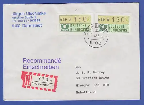 ATM 1.1 Wert 150 als MEF auf R-Brief nach Schottland , O Darmstadt 16.9.82
