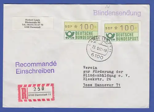 ATM 1.1 Wert 100 2x als MEF auf R-Blindensendung, O Darmstadt 11 vom 23.9.82