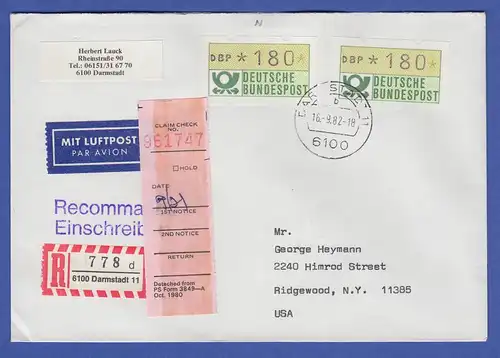 ATM 1.1 Wert 180 als MEF auf Lp-R-Brief in die USA , O Darmstadt 16.9.82
