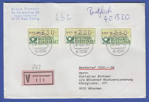 ATM 1.1 Wert 230 3x als MEF auf Wertbrief über 1000DM , O Darmstadt 20.3.82