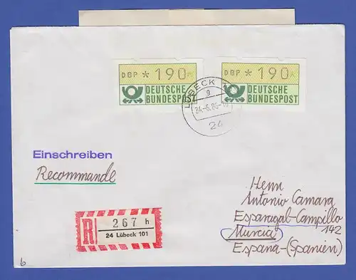 ATM 1.1 Wert 190 2x als MEF auf Lp-R-Brief nach Spanien , O Lübeck 24.6.86