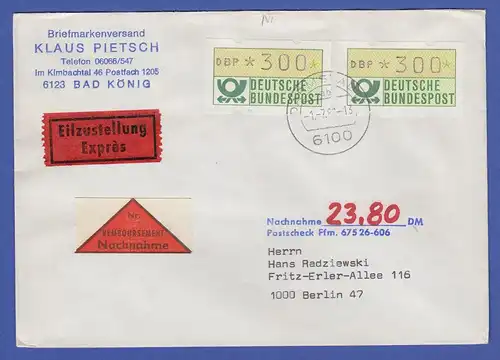 ATM 1.1 Wert 300 als MEF auf Eil-NN-Brief, O Darmstadt, Tarif-Ersttag 1.7.82