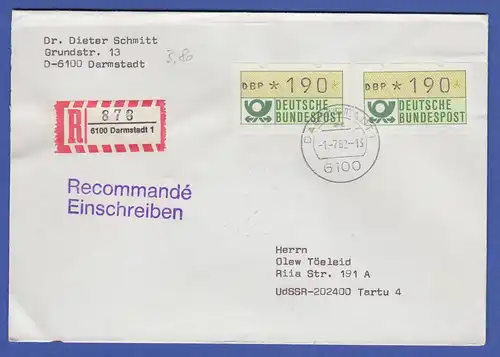 ATM 1.1 Wert 190 als MEF auf R-Brief in die UDSSR, O Darmstadt, Tarif-ET 1.7.82