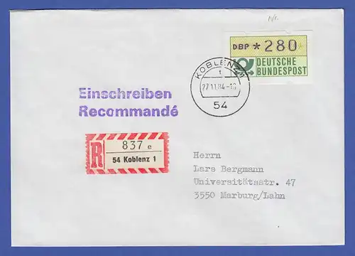 ATM 1.1 Wert 280 auf R-Brief, Ersttag SCHWZD Koblenz 27.11.84