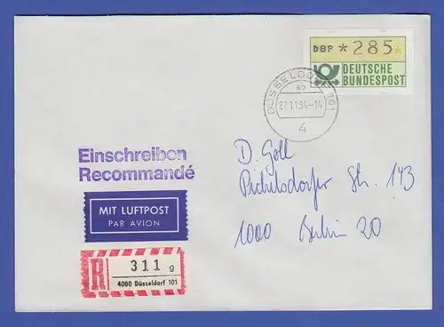 ATM 1.1 Wert 285 auf Lp-R-Brief nach Berlin, Ersttag SCHWZD Düsseldorf 27.11.84