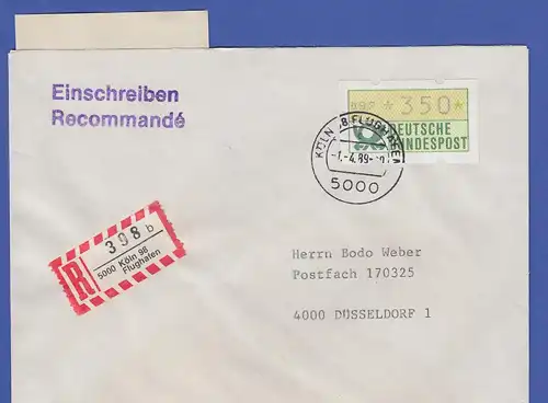 ATM 1.1 Wert 350 als EF auf R-Brief, O Köln-Flughafen, Tarif-Ersttag 1.4.89