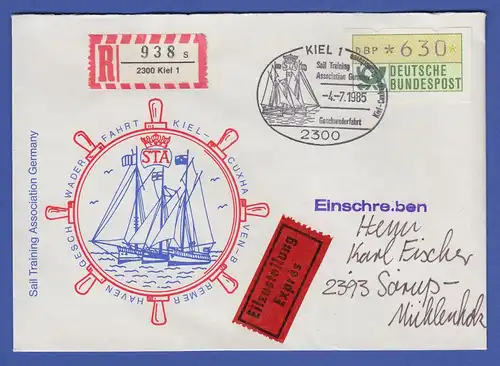 ATM 1.1 Wert 630 auf R-Eil-Brief mit So.-O KIEL Sail Training Association 1985