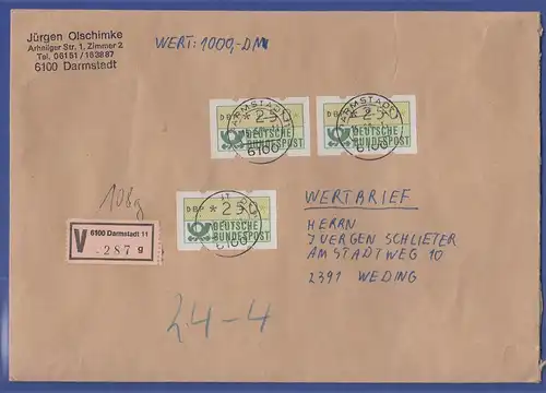 ATM 1.1 3x Wert 250 mit AQ als MEF auf Wertbrief, O DARMSTADT 15.6.84