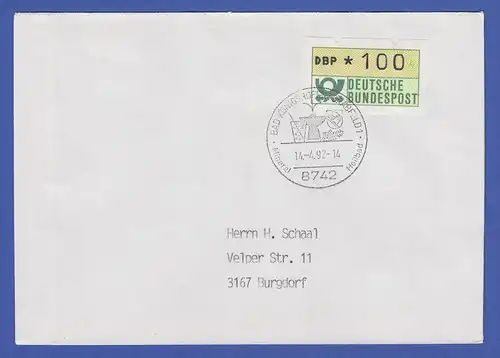 NAGLER-ATM Posthorn, Mi.-Nr. 1.2 hu Wert 100 auf FDC Bad Königshofen 14.4.92