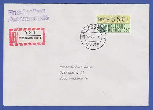 NAGLER-ATM Posthorn, Mi.-Nr. 1.2 hu Wert 350 auf R-FDC Bad Bocklet 14.4.92