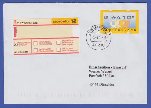 ATM Mi.-Nr. 3.2 Wert 410 auf Einwurf-R-Brief, Tages-O DÜSSELDORF 5.4.01
